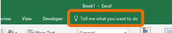 Find the Tell Me box on the Ribbon see circled in orange in screenshot - Excel 2016 Tutorial