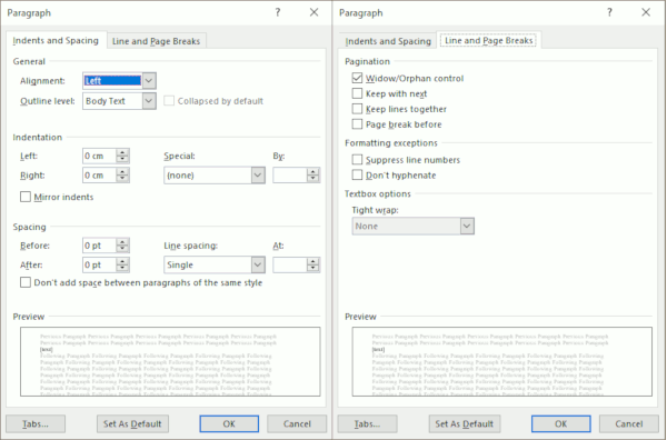 Paragraph Dialogue Box in Word 2016