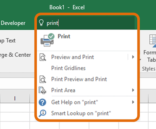 Tell Me search box - Consider the options that appear and click to select the most appropriate one -  Excel 2016 Tutorial