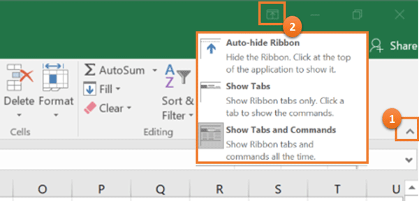 Study the screenshot below.  Can you find these Ribbon display options in your version of Excel? 