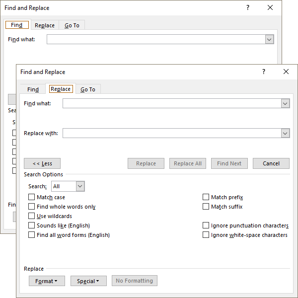Advanced Find and Replace in Word 2016