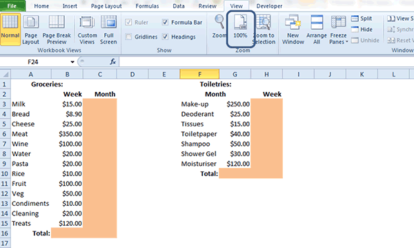 Zoom back to the default view  - Excel Tutorial