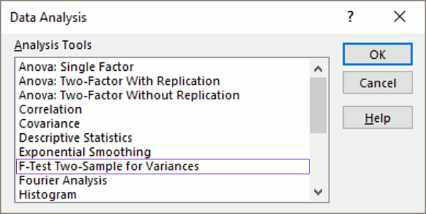 Select ‘F-Test Two-Sample for Variances’ and click ‘OK’